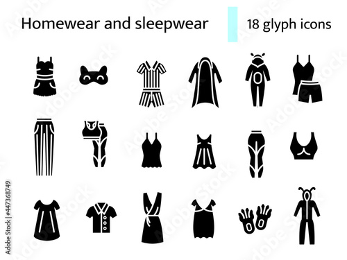 Comfy home clothes glyph icons set. Homewear and sleepwear. Comfortable clothes. Isolated vector illustration