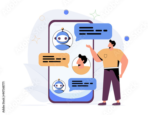 Customers having dialog with chatbot on smartphone. Characters chatting with robot, asking questions and get answers