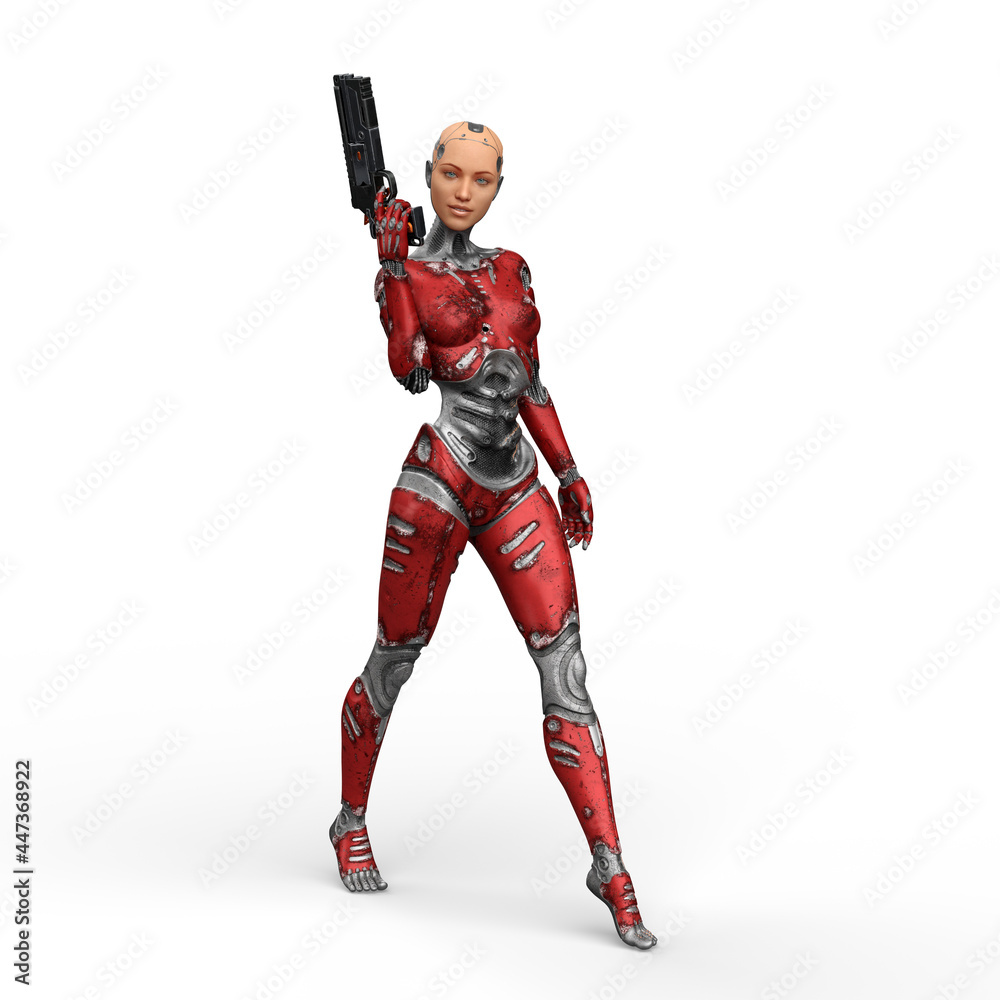 Fototapeta premium 3D illustration of a futuristic female cyborg with red metallic body holding gun in right hand isolated on a white background.