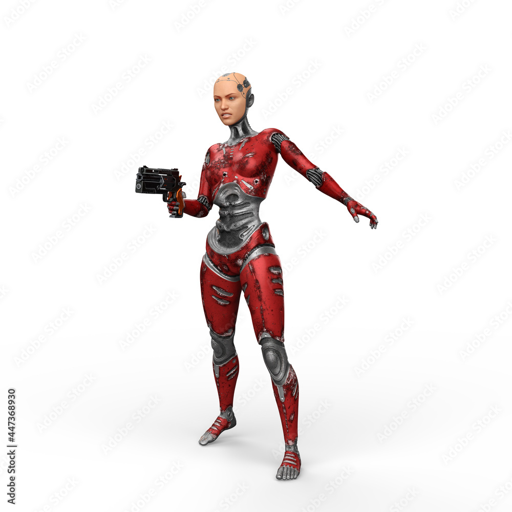 3D illustration of a futuristic female cyborg with red metallic body shooting gun in right hand isolated on a white background.