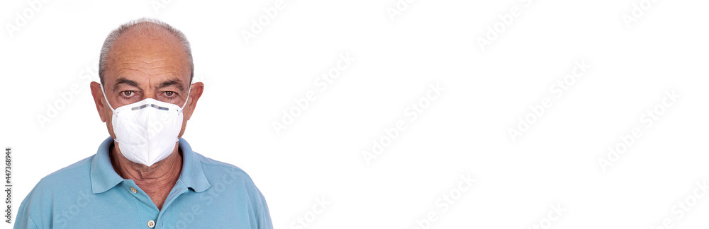 elderly man wearing covid-19 protective mask on white background with space for text. elderly man wearing covid-19 protective mask on white background with space for text.