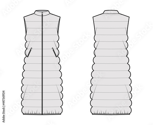 Down vest puffer waistcoat technical fashion illustration with sleeveless, stand collar, zip-up closure, oversized, classic quilting. Flat template front, back, grey color style. Women, men CAD mockup