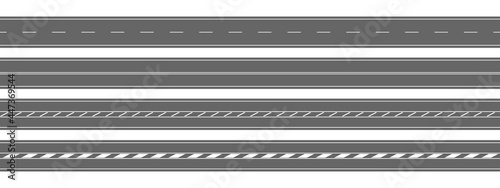 Set of straight roads. Horizontal top view. Empty highways with different markings isolated on white background. Seamless roadway templates. Elements of city map. Vector flat illustration. photo