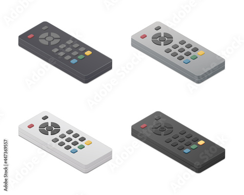 TV remote control set. Isometric colored vector Illustration. Isolated on white background. 