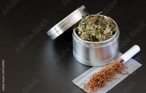 Marijuana in Grindr, with tobacco, smoking paper, and filter, black background photo