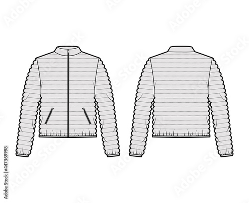 Down puffer coat jacket technical fashion illustration with long sleeves, stand collar, zip-up closure, hip length, narrow quilting. Flat template front, back, grey color. Women, men, unisex top CAD