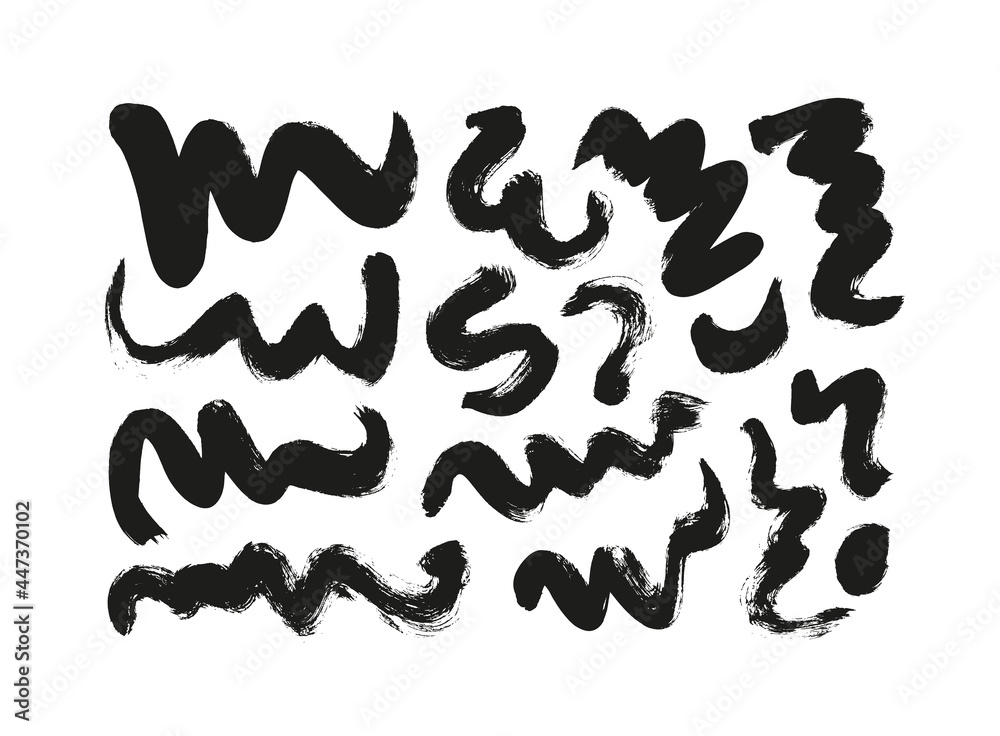 Black paint wavy brush strokes vector collection. Dirty curved lines and wavy brushstrokes. Ink illustration isolated on white background. Modern grunge brush lines. Calligraphy smears, stamps. Black paint wavy brush strokes vector collection. Dirty curved lines and wavy brushstrokes. Ink illustration isolated on white background. Modern grunge brush lines. Calligraphy smears, stamps.