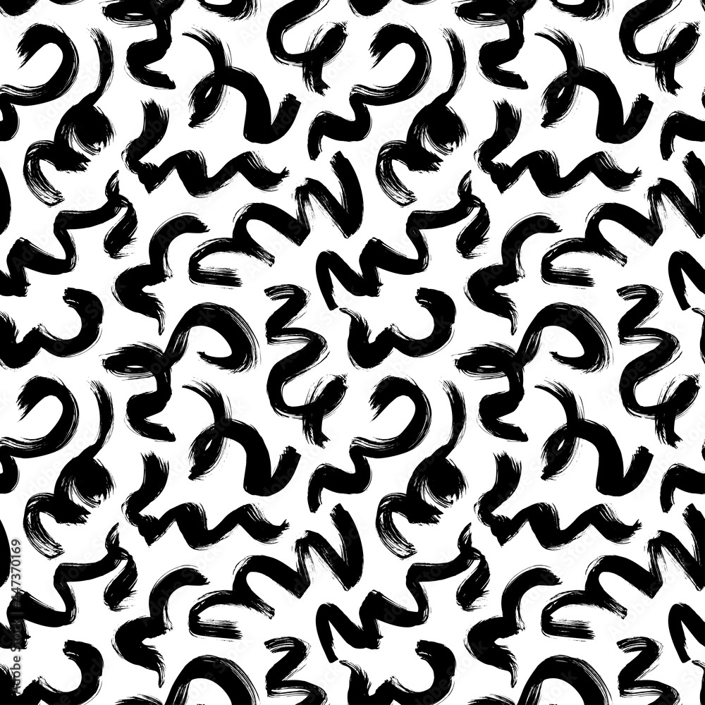 Hand drawn wavy and swirled brush strokes seamless pattern. Vector black paint squiggles, swooshes line, freehand scribbles. Abstract wrapping paper, textile monochrome design. Grunge style pattern