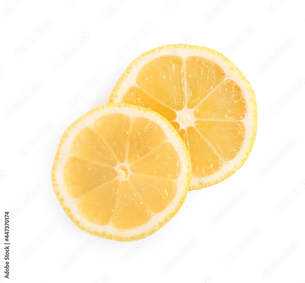Slices of fresh lemon on white background, top view Slices of fresh lemon on white background, top view