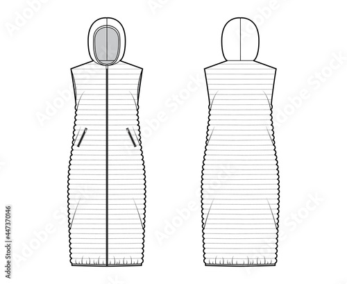 Down vest puffer waistcoat technical fashion illustration with hoody collar, pockets, loose body, midi, narrow quilting. Flat template front, back, white color style. Women, men, unisex top CAD mockup
