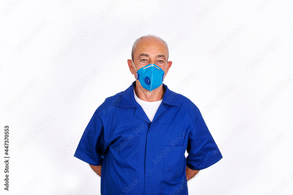 Elderly factory worker man wearing covid protective mask, on white background Elderly factory worker man wearing covid protective mask, on white background