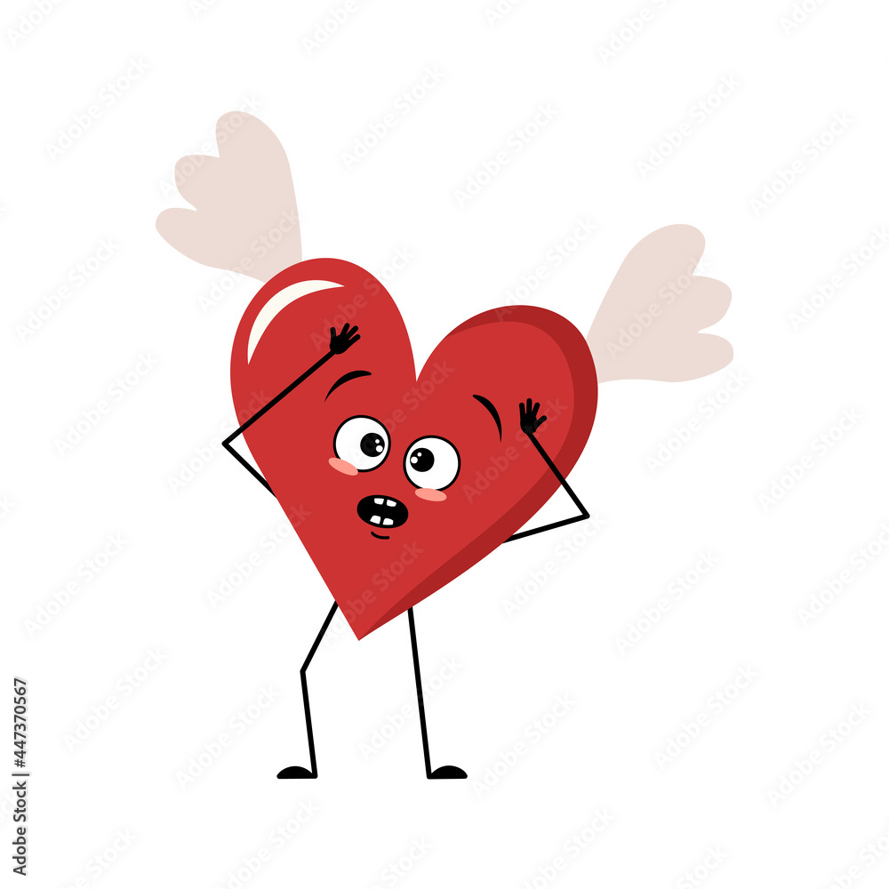 Cute character red heart with wings and emotions in a panic grabs his head, face, arms and legs. The funny or sad festive decoration for valentine day Cute character red heart with wings and emotions in a panic grabs his head, face, arms and legs. The funny or sad festive decoration for valentine day