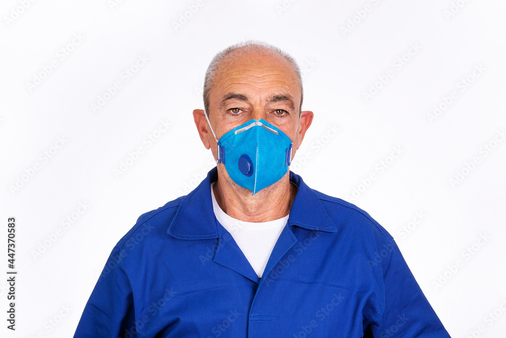 Elderly factory worker man wearing covid protective mask, on white background
