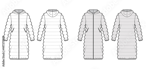 Hooded quilted shell down coat jacket puffer technical fashion illustration with long sleeve, knee length, oversized. Flat template front, back, white, grey color style. Women, men, unisex CAD mockup