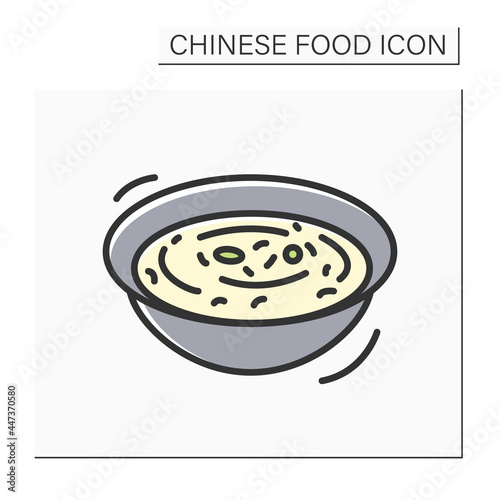 Congee color icon. Simple traditional Chinese breakfast rice porridge bowl. Concept of tasty and easy cooking Asian food for pressure cooker recipes. Isolated vector illustration