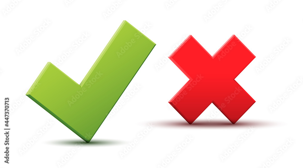 Vector 3d green checkmark and red cross reject checklist icons. Correct or wrong check mark answer flag Vector 3d green checkmark and red cross reject checklist icons. Correct or wrong check mark answer flag