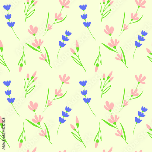 pink and blue flowers with green leaves on pale yellow background summer spring autumn seamless pattern