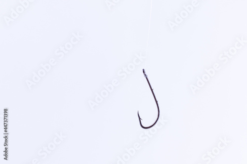 Black Fishing Hook Hanging on a Fishing Line Against a White Background