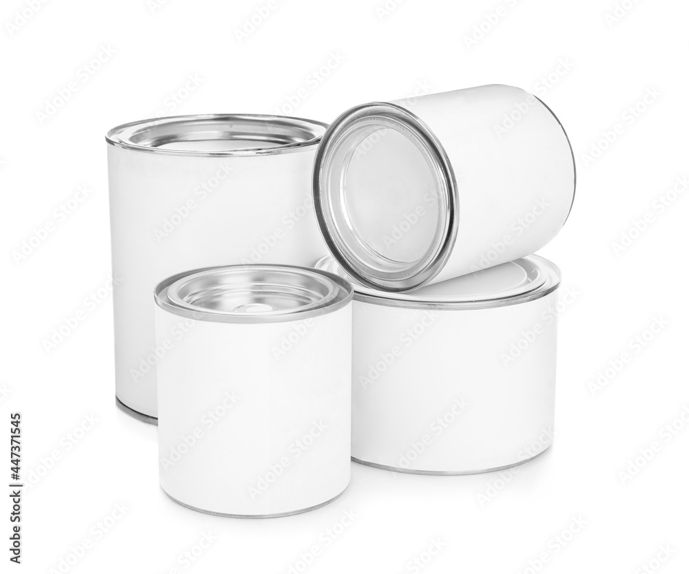 Closed blank cans of paint on white background Closed blank cans of paint on white background