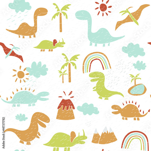 vector endless pattern with dinosaurs, mountains, volcano, sun, clouds with rain. cartoon drawing style