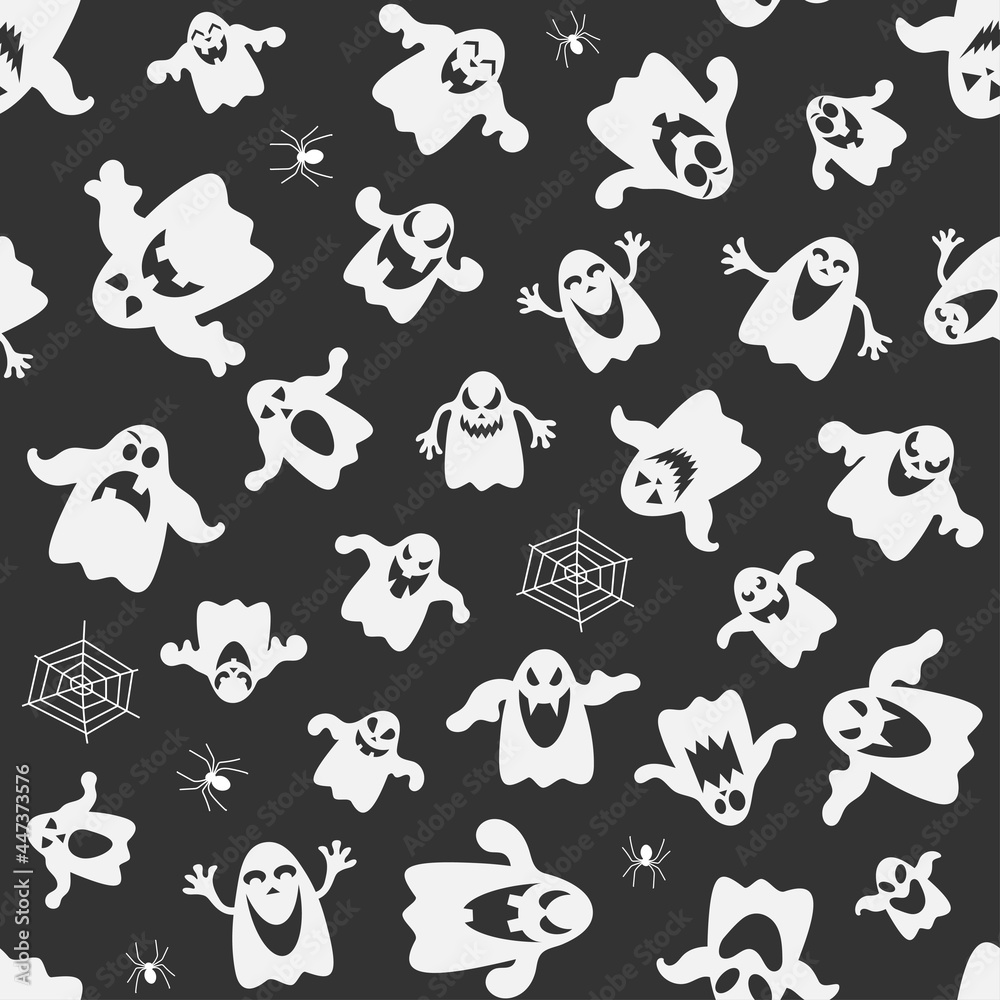 Seamless vector pattern for Halloween design. Halloween symbols: ghost and spider cartoon style. Vector Illustration