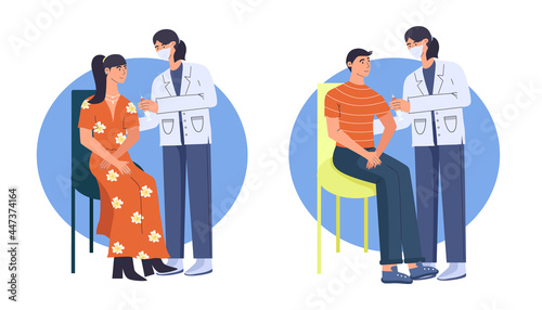 Vaccination against covid-19. The woman was vaccinated by a doctor. The doctor vaccinates the man. Vector illustration.