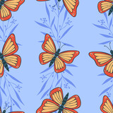 Seamless pattern with butterflies. Vector illustration on a light blue background.