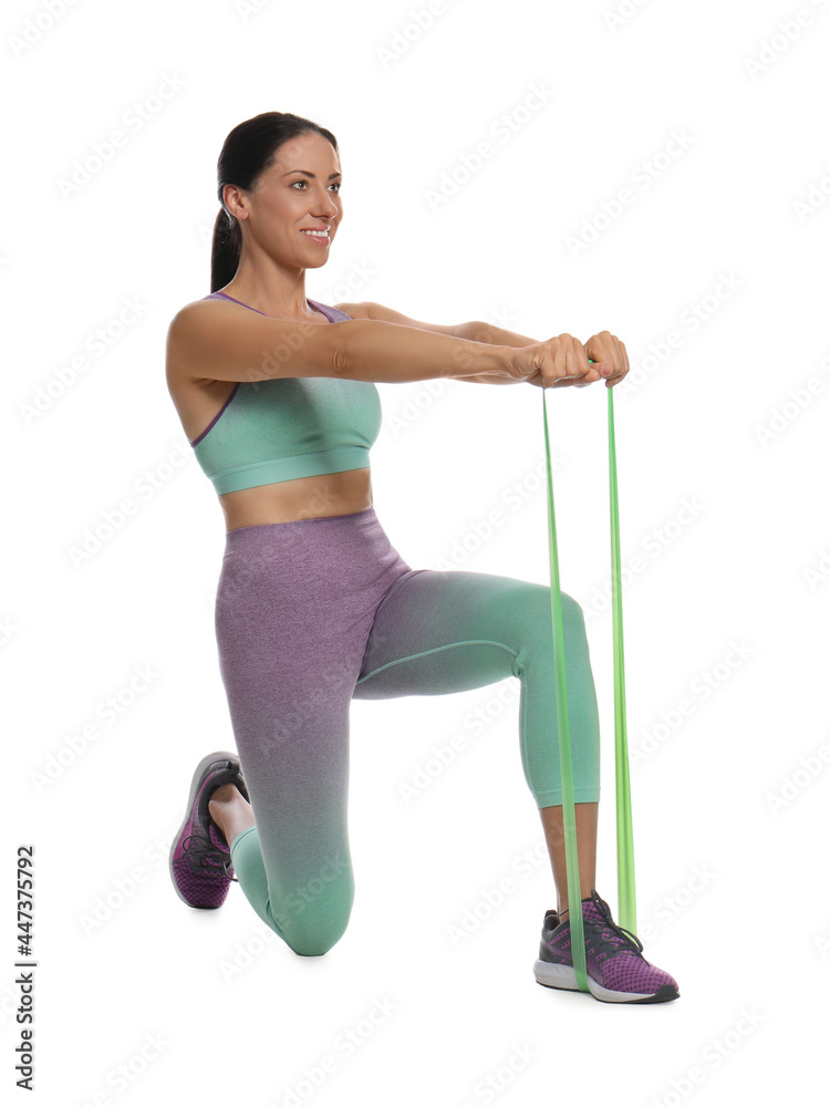 Woman doing sportive exercise with fitness elastic band on white background Woman doing sportive exercise with fitness elastic band on white background