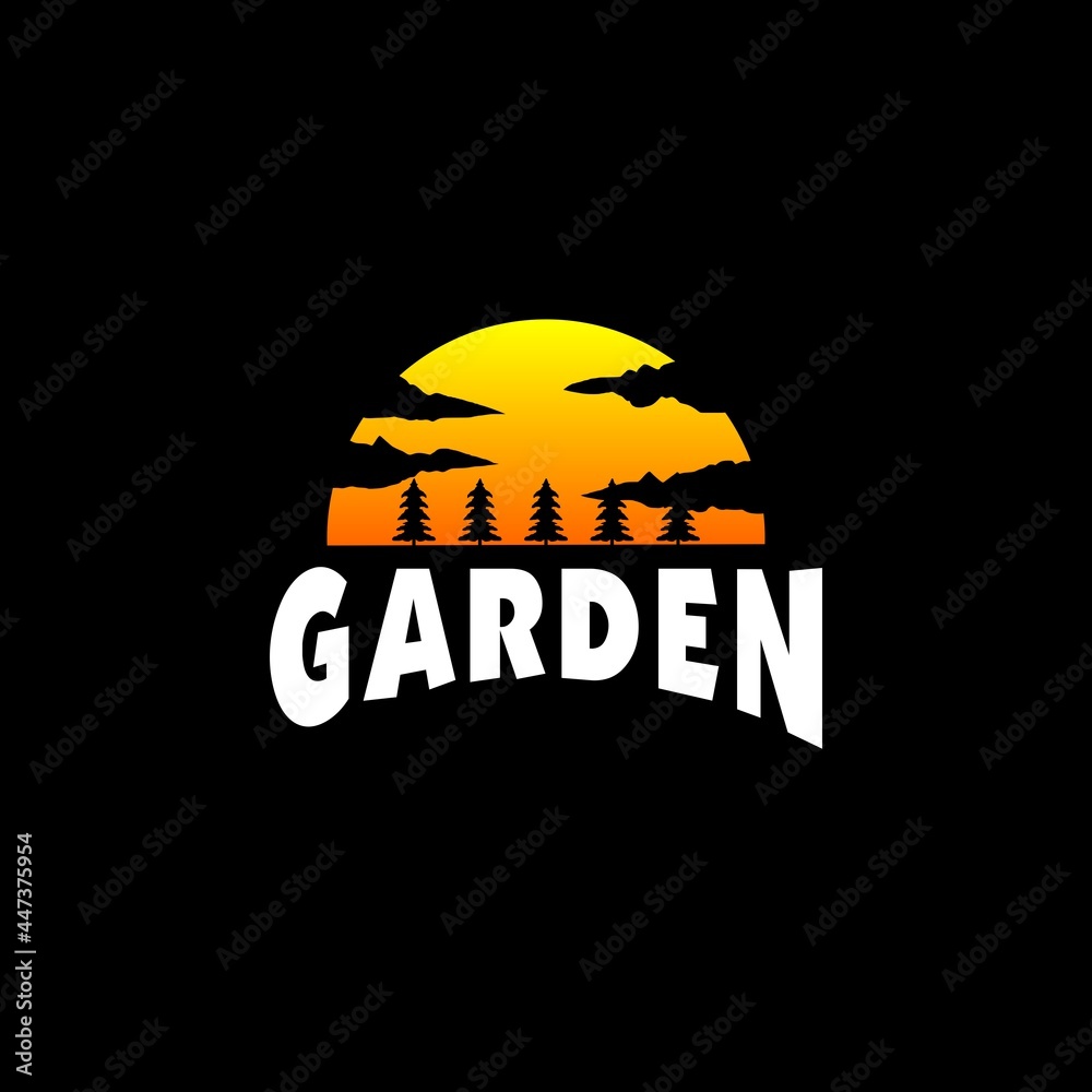 garden logo with minimalist and modern style, moon logo with a collection of trees. vector logo