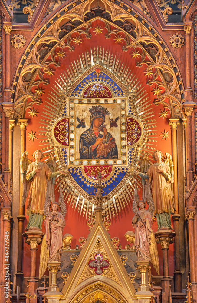 VIENNA, AUSTIRA - JUNI 24, 2021: The Madonna on the altar in the church Marienkirche by Maximilian Schmalzl from 19. cent.