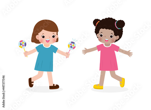 Happy cute little kids sharing candy to friend Cartoon characters flat design isolated on white background vector illustration