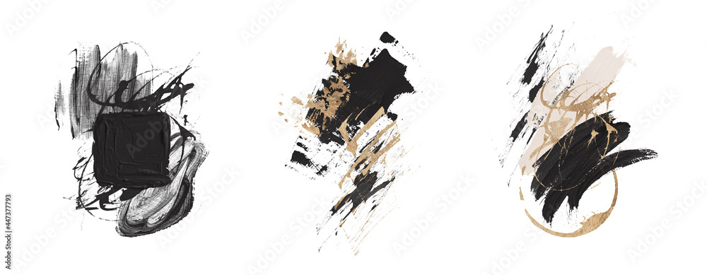 Oil texture. Acrylic paint. Textured arrangements. Black dark ink blush pink white gold illustration elements. Background. Abstract modern print set. Logo. Wall art. Poster. Business card. Wallpaper. - obrazy, fototapety, plakaty 