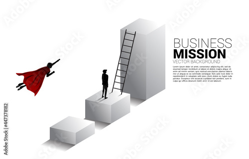 Silhouette of businessman flying to higher column of graph. Concept of boost and growth in business.