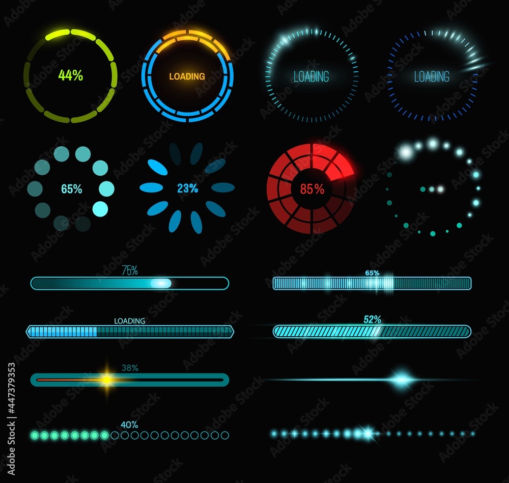 Loading process and status bar icons, HUD interface. Vector Sci Fi digital futuristic elements for dashboard, technology style neon glowing ui navigation for game menu design or web site data load