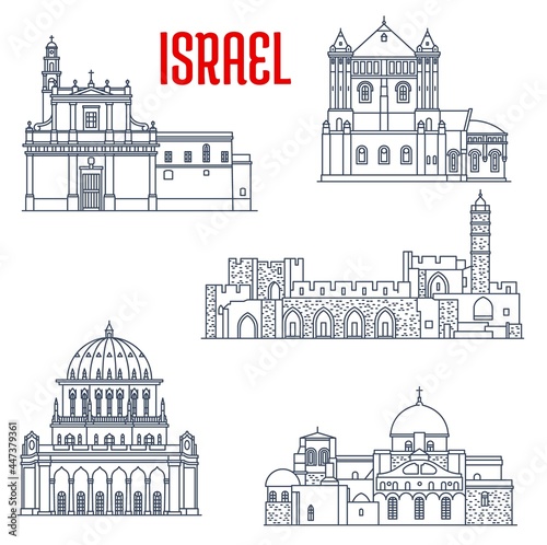 Israel landmarks and architecture, churches and temples buildings, vector icons. Israel sightseeing David Citadel, Church of Sepulchre of Saint Mary, or Tomb of Virgin, Holy Sepulchre and Bahai temple photo