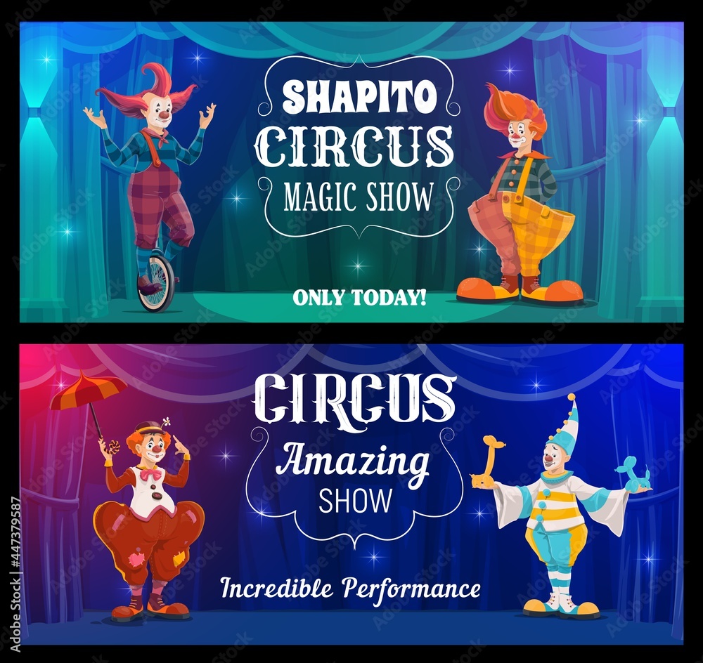 Shapito circus show, cartoon clowns vector banners. Funny performers on big  top arena. Carnival funsters and jesters in bright costumes, periwigs,  makeup and fake nose perform magic show on stage Stock Vector |