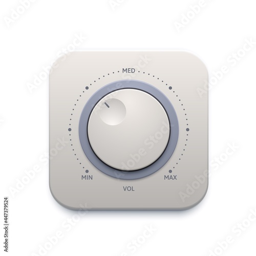 Music sound knob button, interface icon or audio control switch, vector. Music sound volume level knob button or player tuner with max and min dial panel, music amplifier tuner app