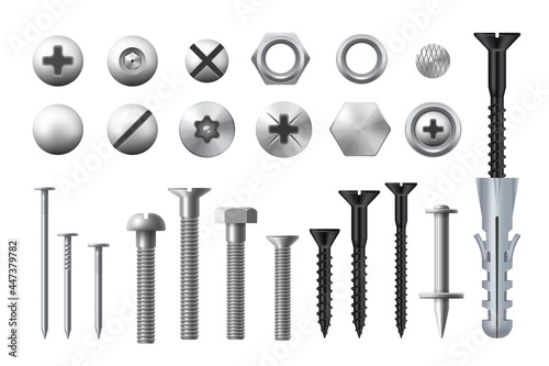 Metal bolts, screws, nuts and nails. Realistic vector metal fasteners and rivets, woodwork and metal works equipment, washers and self-tapping or thread-cutting screws photo