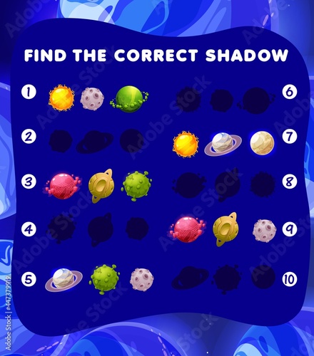 Cartoon space planets shadow matching game. Vector kids riddle find correct silhouette. Logic test for children with galaxy planets, worksheet task for preschool or school educational lesson activity