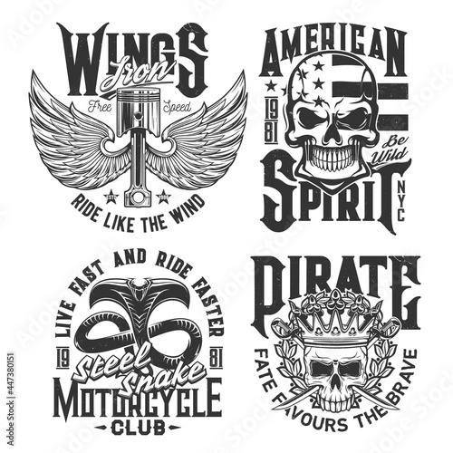 Motorcycle races club t-shirt prints with skull and wings, vector car rally signs. American spirit stars flag and engine on wings, snake and skull in crown, motor sport and custom chopper bike garage