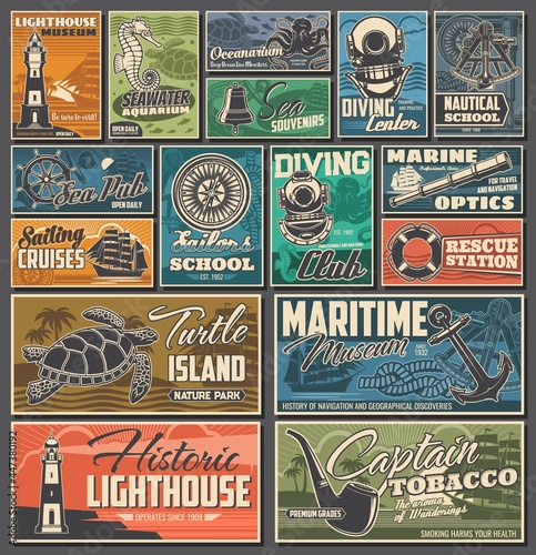 Nautical and marine vintage posters. Diving club, maritime history museum and rescue station, sailing cruises, oceanarium aquariums and turtle island nature park, nautical school retro banners