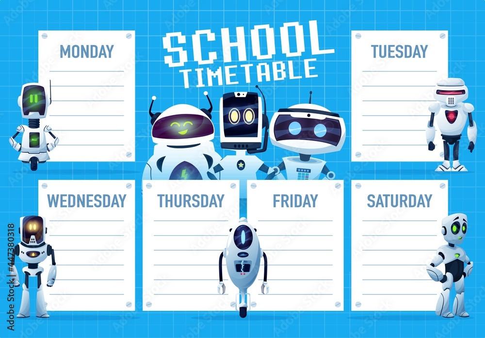 Timetable schedule with cartoon robots and droids vector template ...