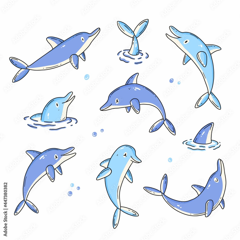 Fototapeta premium Set of doodle with cute characters dolphins. Vector illustration.