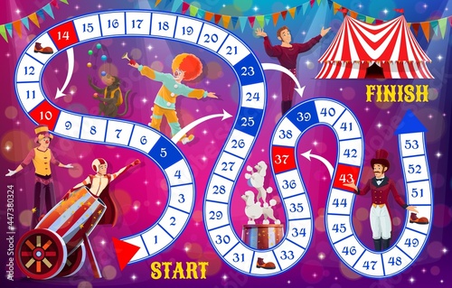 Boardgame with shapito circus performers, kids tabletop game, vector template. Kids cartoon track move and dice board game with circus clowns and animals, children entertainment and brain activity