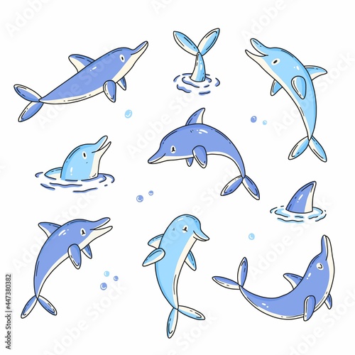 Set of doodle with cute characters dolphins. Vector illustration.