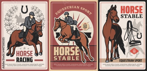 Equestrian sport, horse riding and race on hippodrome vector vintage posters. Professional ride, horse stable. Horseback riding sports grunge retro cards with rider, harness gear and lucky horseshoe