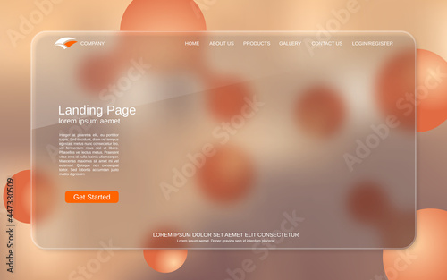 Website landing page vector template. Abstract colorful background for webpage and application with glassmorphism effect