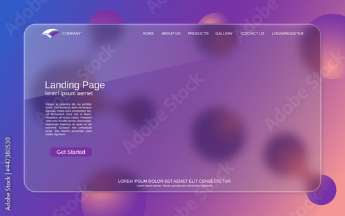 Website landing page vector template. Abstract colorful background for webpage and application with glassmorphism effect