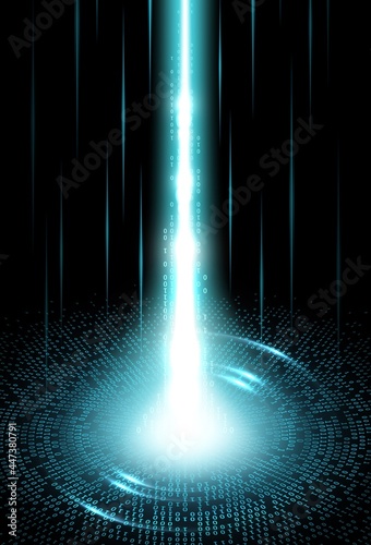 Big data internet technology. Digital network stream wave background. Information flow, computer program code and data transfer vector concept with blue neon light beam bursting from binary code