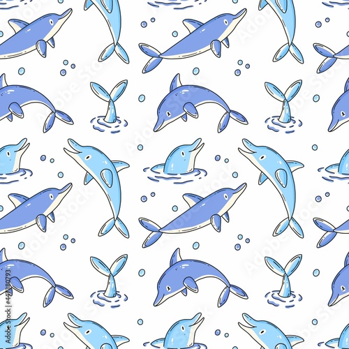 Seamless pattern with cute dolphins and bubbles on a white background in cartoon doodle style. Vector illustration background.
